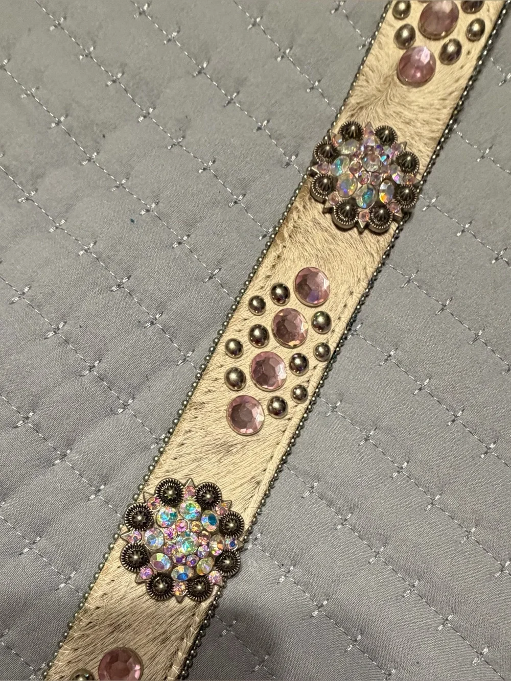 Western-Style Women’s Belt with rhinestones Pink Cowhide genuine leather - Picture 10 of 12